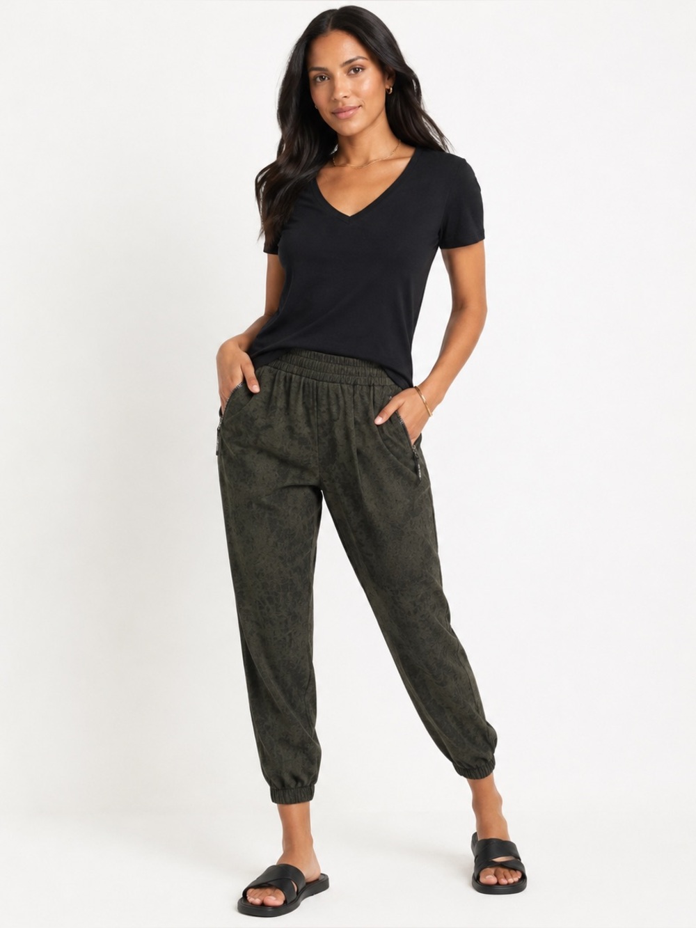 Dear John Green Print Lyocell Pull-On Jogger Pants Slant Zip Pockets Sz Large
